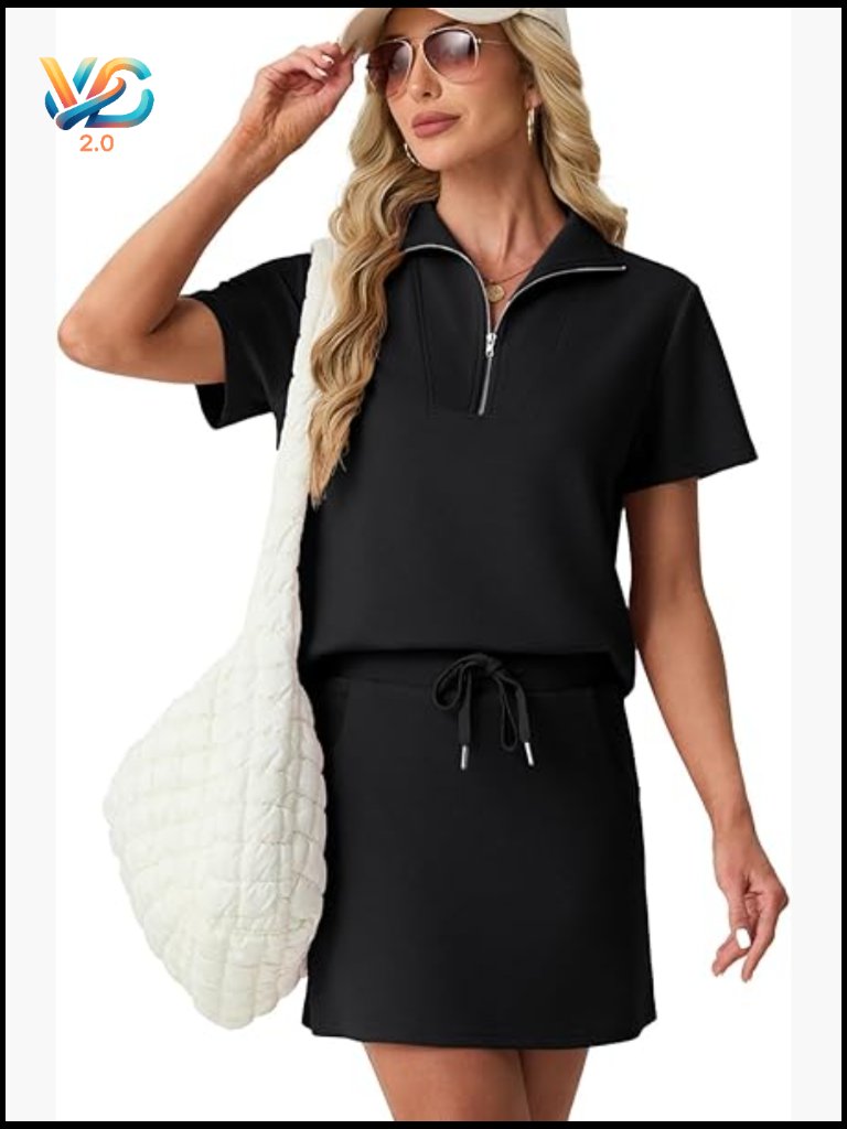 2 Piece Skort Set Half Zip Short Sleeve Top & Pocketed Tennis Skirt Activewear
